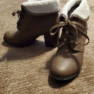 Fuzzy top heeled booties